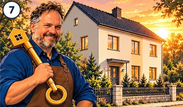 Der Altbauschmied mit goldenem Schlüssel vor dem sanierten Haus im Abendlicht